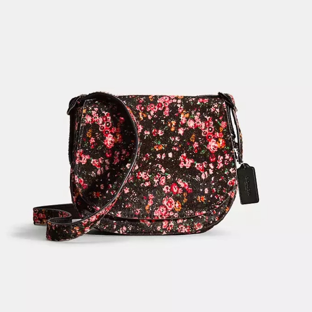 COACH Saddle 23 Cowhide $895 Floral Gunmetal Black Pink Leather CALF HAIR Auth - Picture 4 of 6
